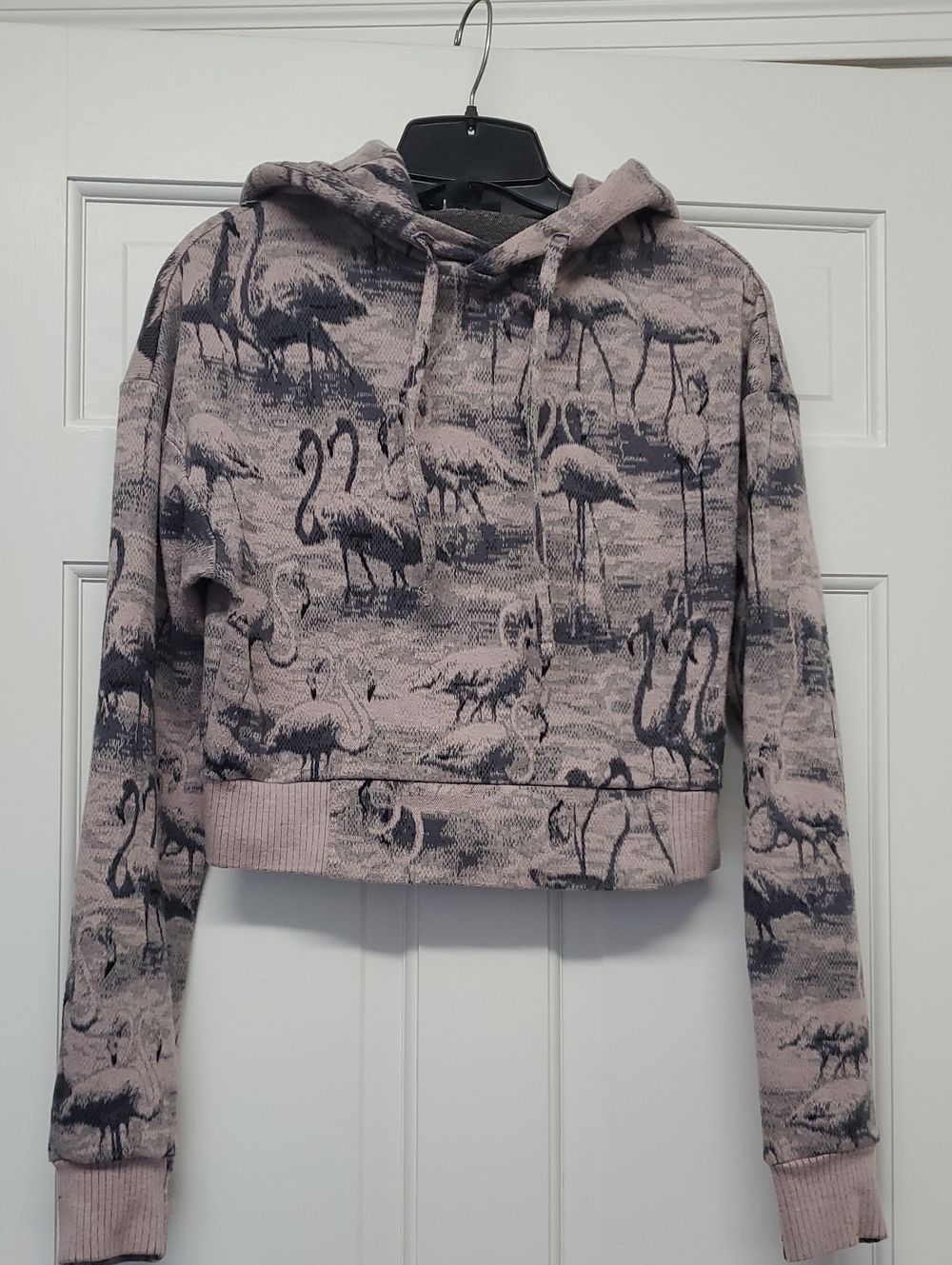 TWENTY MONTREAL Gray Flamingo Print Cropped Hoodie Sweatshirt XS